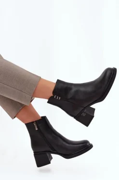 Skórzane Ocieplane Botki Damskie Na Klocku Vinceza 91159 Czarne