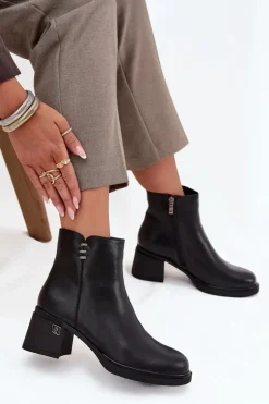 Skórzane Ocieplane Botki Damskie Na Klocku Vinceza 91159 Czarne