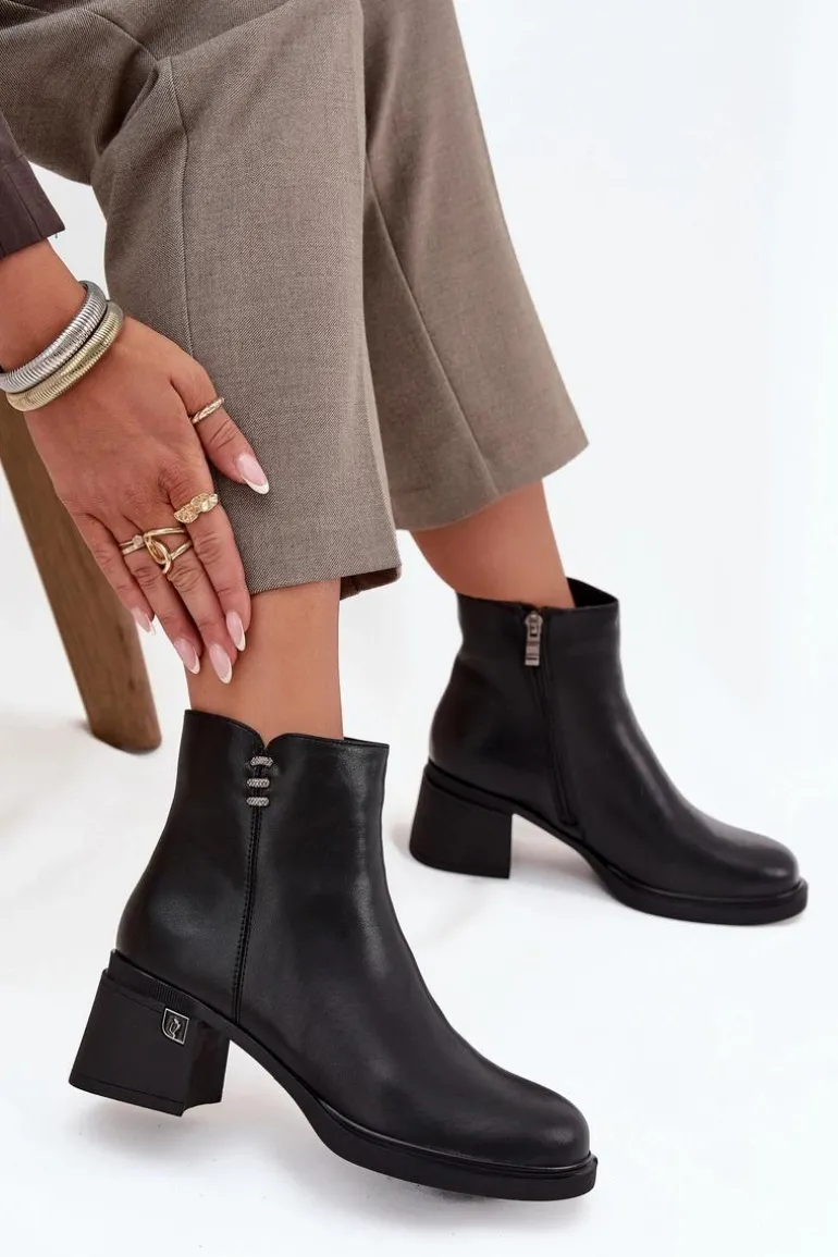 Skórzane Ocieplane Botki Damskie Na Klocku Vinceza 91159 Czarne