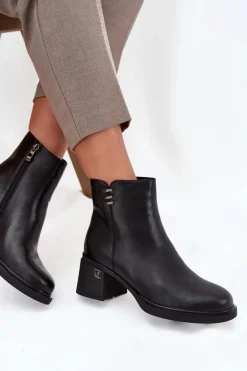 Skórzane Ocieplane Botki Damskie Na Klocku Vinceza 91159 Czarne