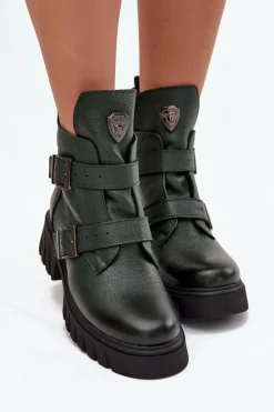 Skórzane Ocieplane Botki Damskie Z Klamrami I Ozdobnym Detalem Zazoo 60482 Ciemnozielone