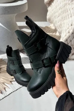 Skórzane Ocieplane Botki Damskie Z Klamrami I Ozdobnym Detalem Zazoo 60482 Ciemnozielone