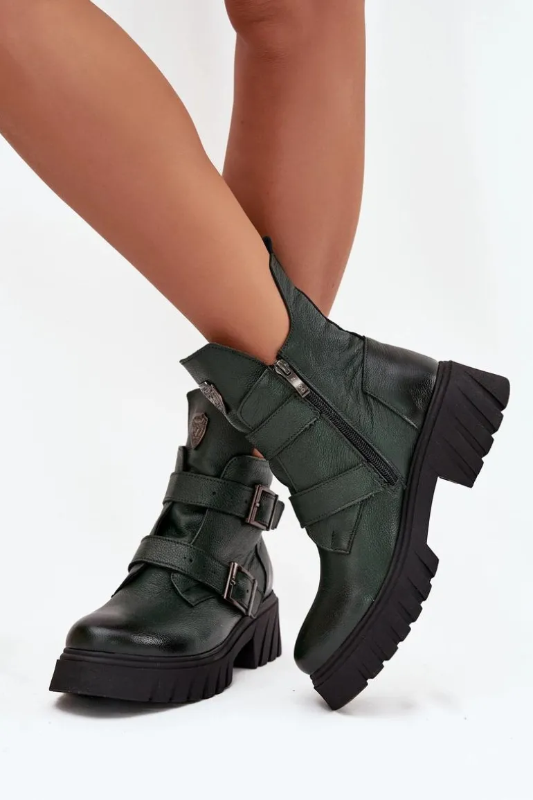 Skórzane Ocieplane Botki Damskie Z Klamrami I Ozdobnym Detalem Zazoo 60482 Ciemnozielone