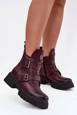 Skórzane Ocieplane Botki Damskie Z Klamrami I Ozdobnym Detalem Zazoo 60482 Bordowe