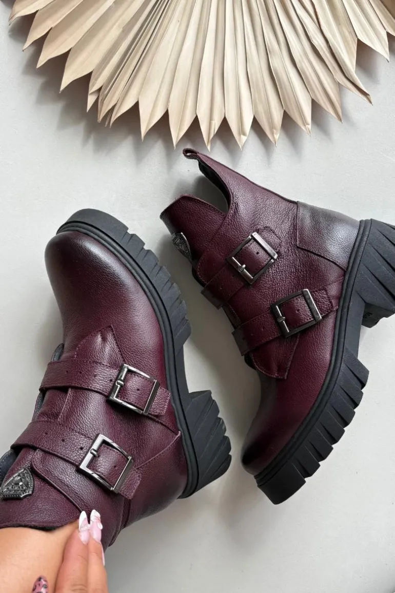 Skórzane Ocieplane Botki Damskie Z Klamrami I Ozdobnym Detalem Zazoo 60482 Bordowe