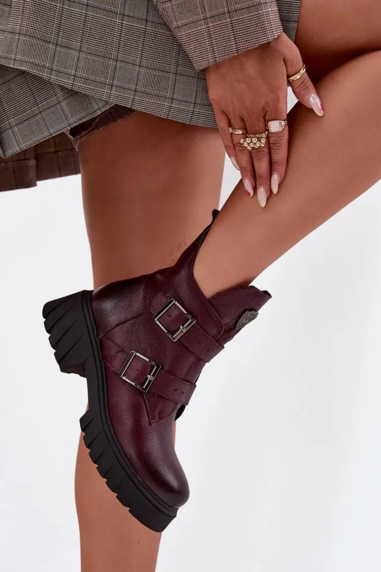 Skórzane Ocieplane Botki Damskie Z Klamrami I Ozdobnym Detalem Zazoo 60482 Bordowe