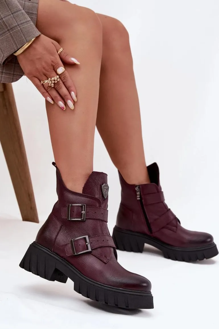 Skórzane Ocieplane Botki Damskie Z Klamrami I Ozdobnym Detalem Zazoo 60482 Bordowe