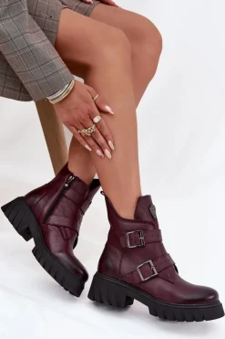 Skórzane Ocieplane Botki Damskie Z Klamrami I Ozdobnym Detalem Zazoo 60482 Bordowe