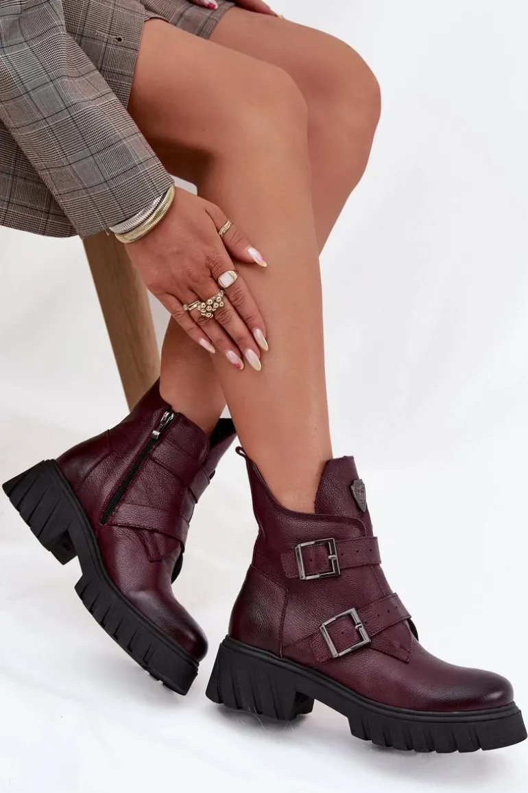 Skórzane Ocieplane Botki Damskie Z Klamrami I Ozdobnym Detalem Zazoo 60482 Bordowe