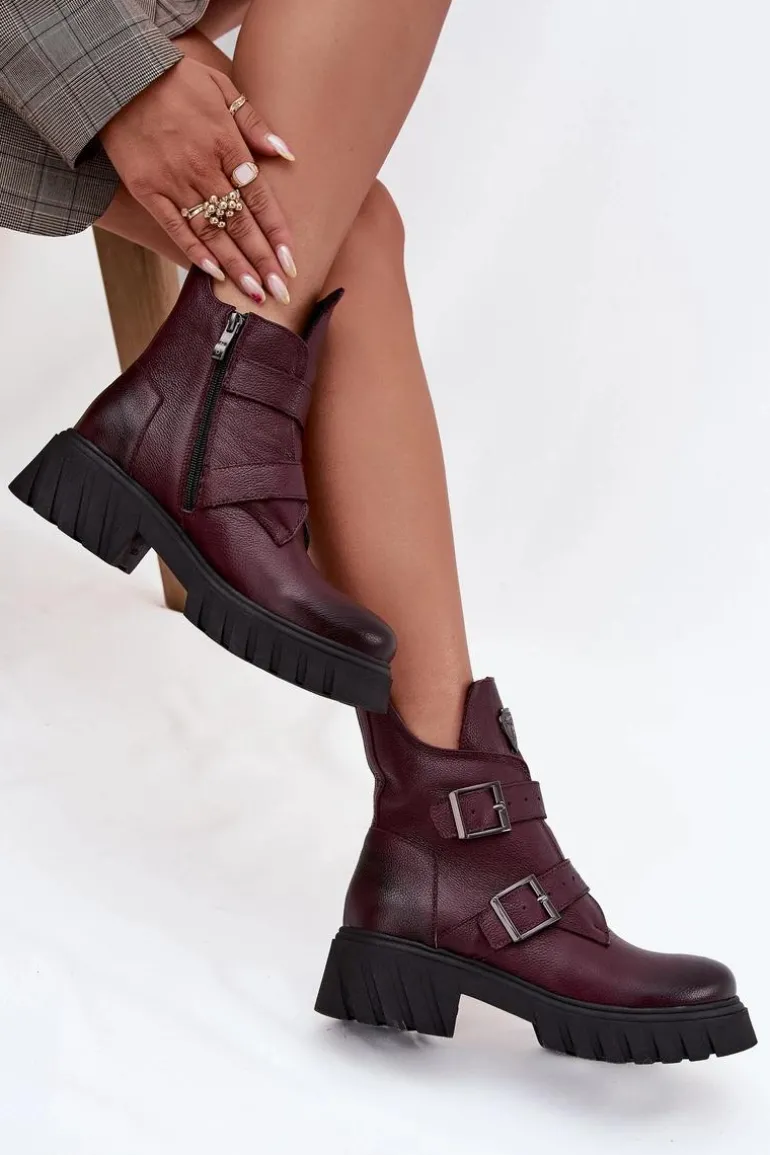 Skórzane Ocieplane Botki Damskie Z Klamrami I Ozdobnym Detalem Zazoo 60482 Bordowe