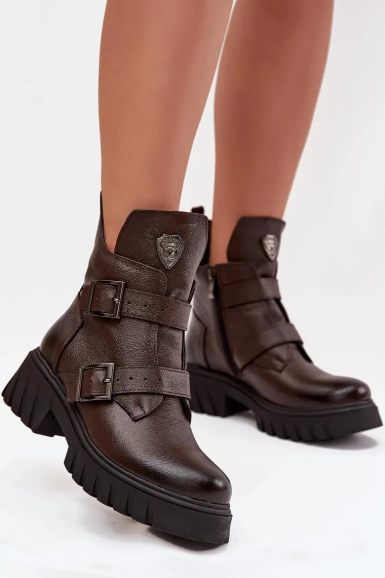 Skórzane Ocieplane Botki Damskie Z Klamrami I Ozdobnym Detalem Zazoo 60482 Czekoladowe