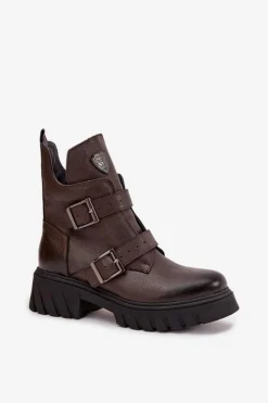 Skórzane Ocieplane Botki Damskie Z Klamrami I Ozdobnym Detalem Zazoo 60482 Czekoladowe
