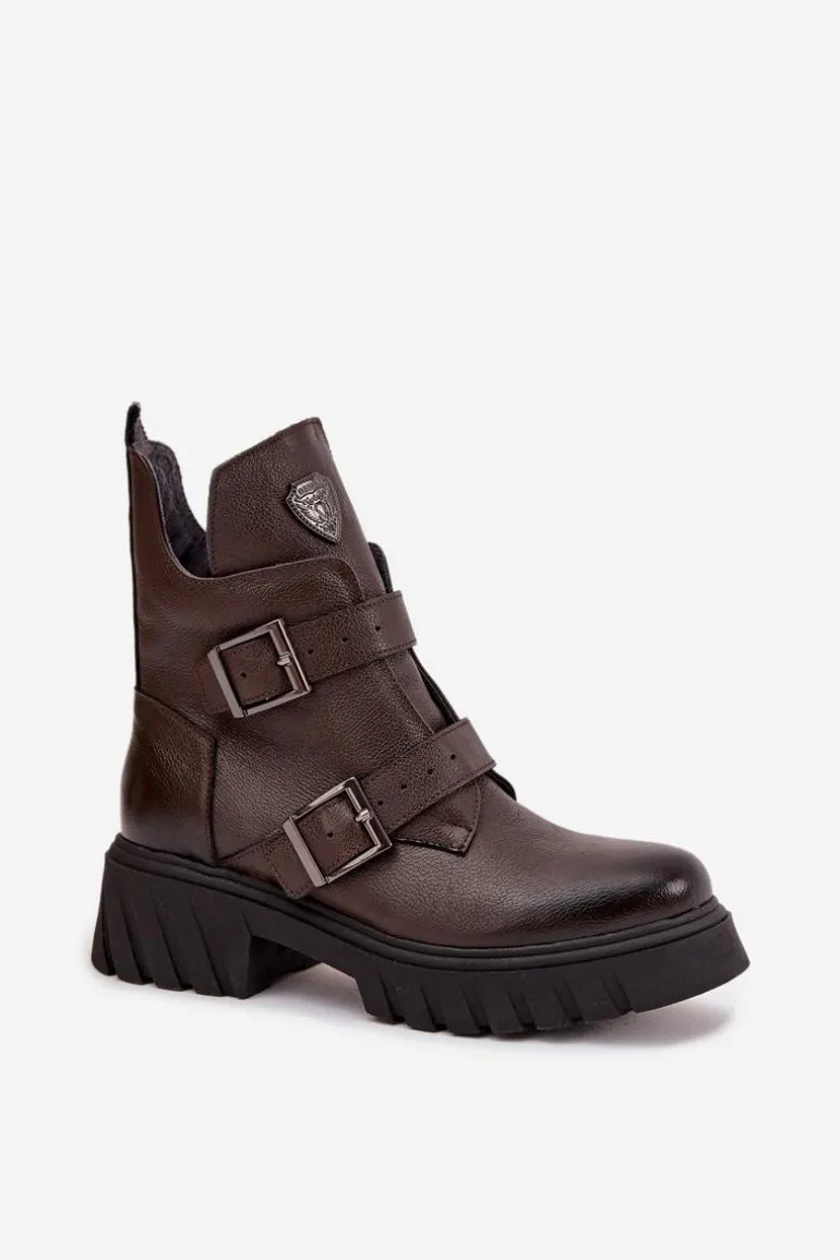 Skórzane Ocieplane Botki Damskie Z Klamrami I Ozdobnym Detalem Zazoo 60482 Czekoladowe