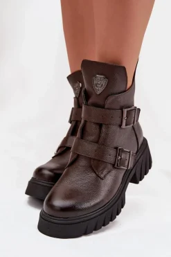 Skórzane Ocieplane Botki Damskie Z Klamrami I Ozdobnym Detalem Zazoo 60482 Czekoladowe