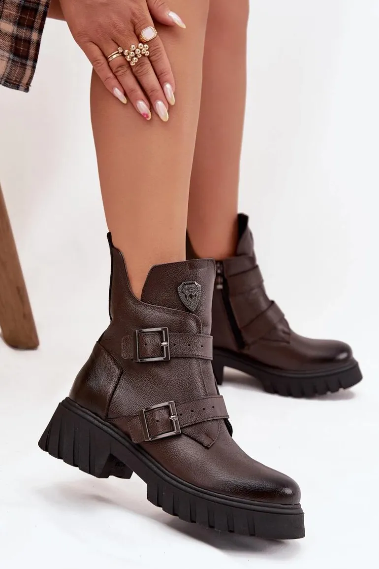 Skórzane Ocieplane Botki Damskie Z Klamrami I Ozdobnym Detalem Zazoo 60482 Czekoladowe