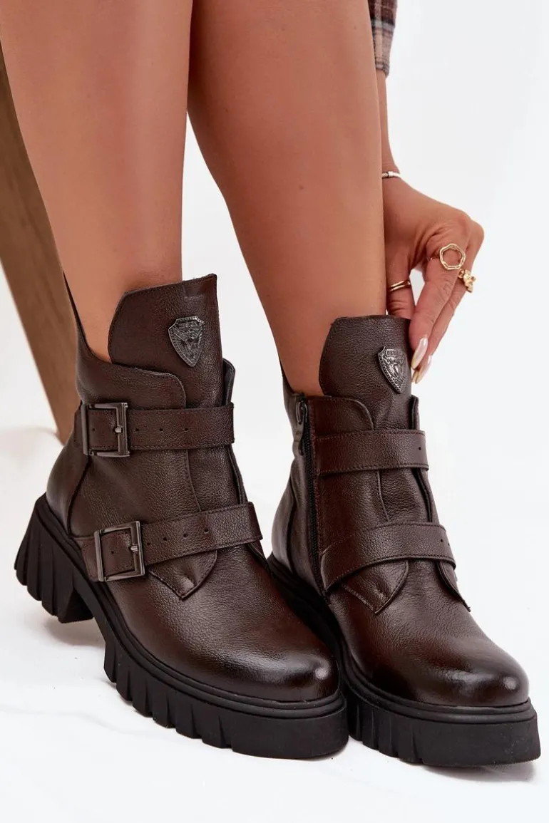 Skórzane Ocieplane Botki Damskie Z Klamrami I Ozdobnym Detalem Zazoo 60482 Czekoladowe