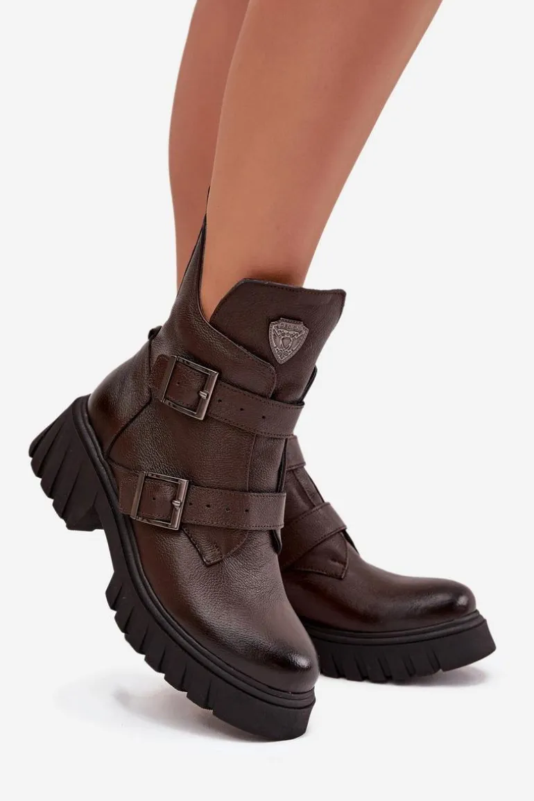 Skórzane Ocieplane Botki Damskie Z Klamrami I Ozdobnym Detalem Zazoo 60482 Czekoladowe