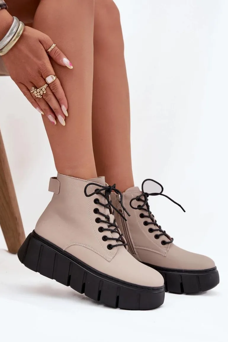 Skórzane Ocieplane Botki Damskie Na Platformie Vinceza 66803 Beżowe