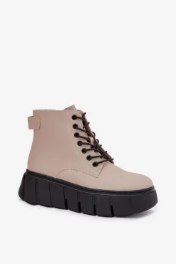 Skórzane Ocieplane Botki Damskie Na Platformie Vinceza 66803 Beżowe