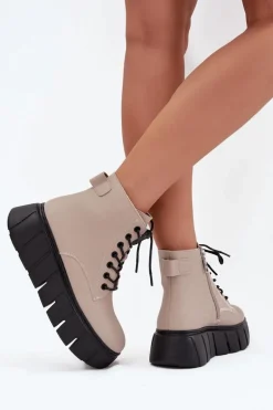 Skórzane Ocieplane Botki Damskie Na Platformie Vinceza 66803 Beżowe