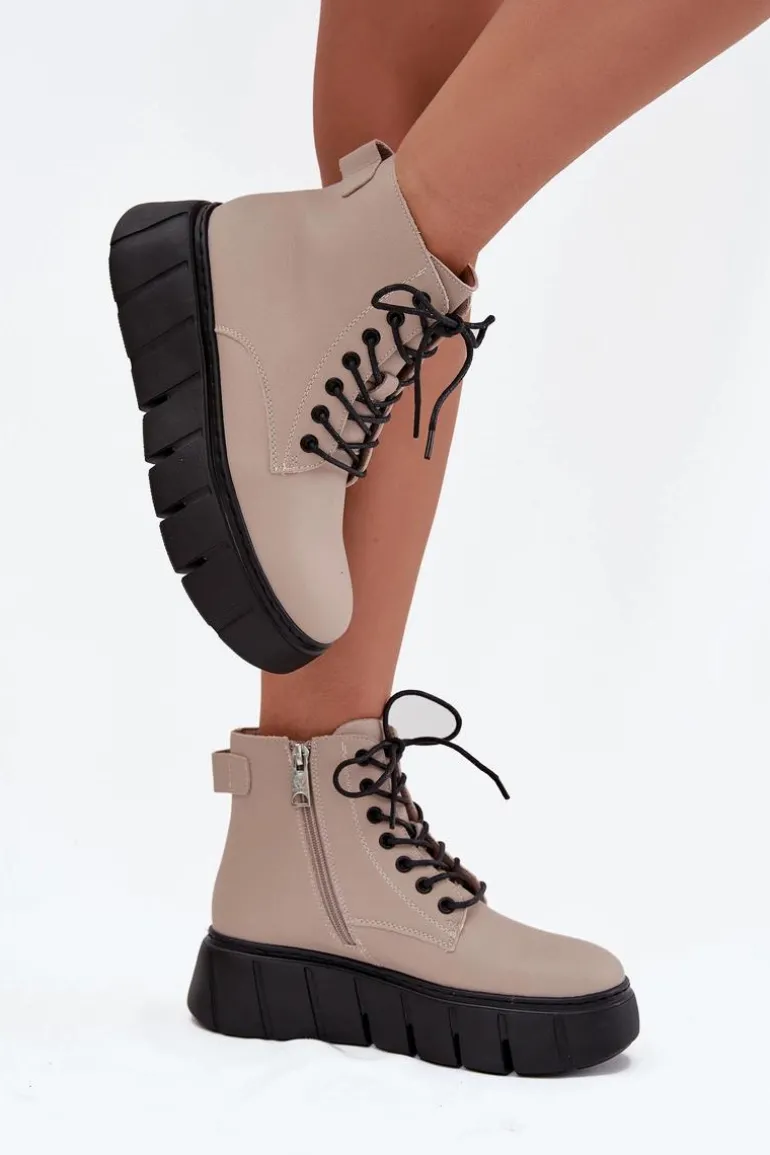 Skórzane Ocieplane Botki Damskie Na Platformie Vinceza 66803 Beżowe