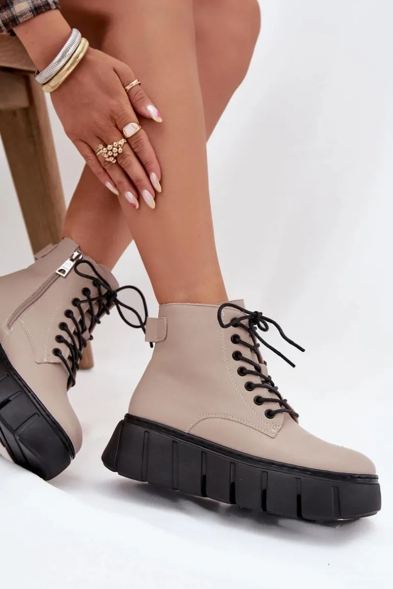 Skórzane Ocieplane Botki Damskie Na Platformie Vinceza 66803 Beżowe