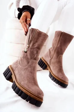 Skórzane Ocieplane Botki Kozaki Cappucino Souffle