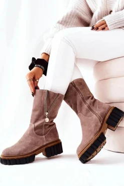 Skórzane Ocieplane Botki Kozaki Cappucino Souffle