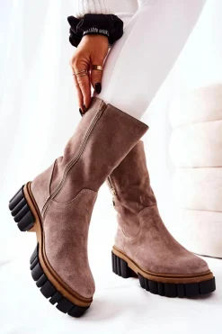 Skórzane Ocieplane Botki Kozaki Cappucino Souffle