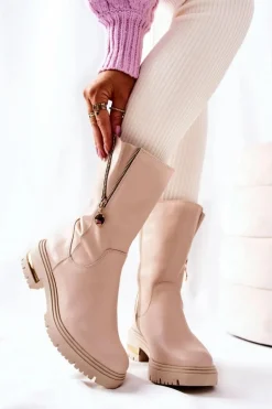 Skórzane Ocieplane Botki Kozaki Beżowe Florency