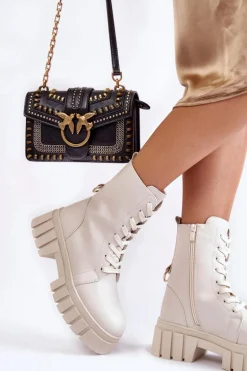 Skórzane Ocieplane Botki Na Platformie Jasnobeżowe Telisa