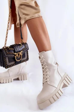 Skórzane Ocieplane Botki Na Platformie Jasnobeżowe Telisa