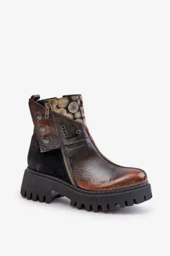 Skórzane Ocieplane Botki Na Platformie I Płaskim Obcasie Maciejka 06140-25 Złoto-Czarne