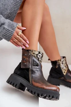 Skórzane Ocieplane Botki Na Platformie I Płaskim Obcasie Maciejka 06140-25 Złoto-Czarne