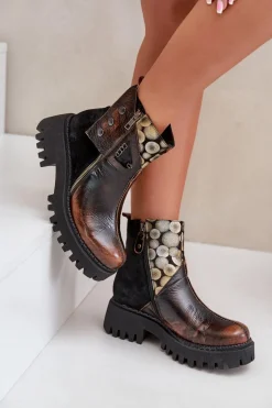 Skórzane Ocieplane Botki Na Platformie I Płaskim Obcasie Maciejka 06140-25 Złoto-Czarne