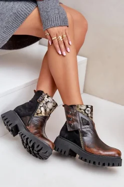 Skórzane Ocieplane Botki Na Platformie I Płaskim Obcasie Maciejka 06140-25 Złoto-Czarne