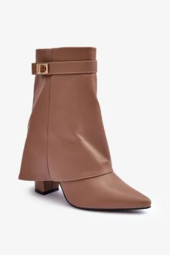 Skórzane Ocieplane Botki Na Słupku Ciemnobeżowe Chevie