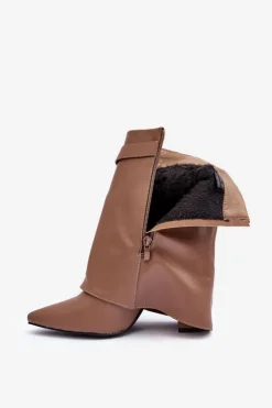 Skórzane Ocieplane Botki Na Słupku Ciemnobeżowe Chevie