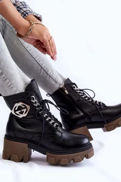 Skórzane Ocieplane Botki Na Suwak Czarne Lemar Raynes