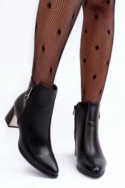 Skórzane Ocieplane Botki Na Słupku Czarne Amanis