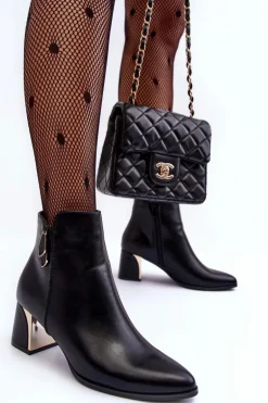 Skórzane Ocieplane Botki Na Słupku Czarne Amanis