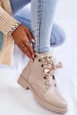 Skórzane Ocieplane Botki Na Suwak Z Perłami Beżowe Raiso