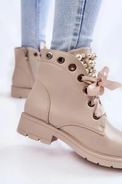 Skórzane Ocieplane Botki Na Suwak Z Perłami Beżowe Raiso