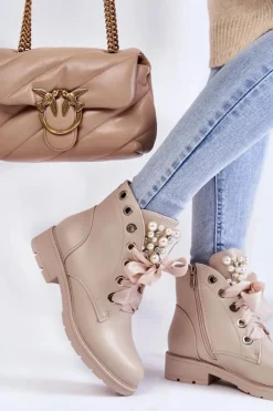 Skórzane Ocieplane Botki Na Suwak Z Perłami Beżowe Raiso