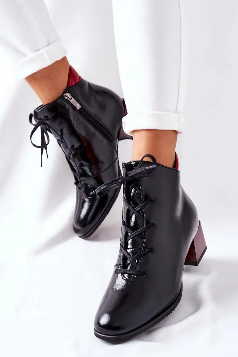 Skórzane Ocieplane Botki Na Obcasie Laura Messi Czarne 2202