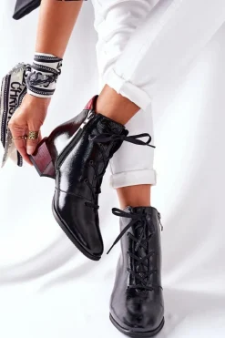 Skórzane Ocieplane Botki Na Obcasie Laura Messi Czarne 2202