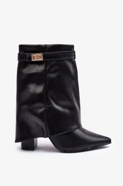 Skórzane Ocieplane Botki Na Słupku Czarne Chevie