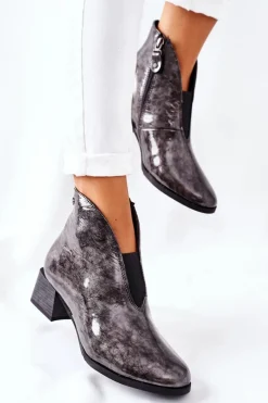 Skórzane Ocieplane Botki Na Obcasie Maciejka 04777-13 Popielate