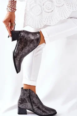 Skórzane Ocieplane Botki Na Obcasie Maciejka 04777-13 Popielate