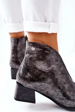 Skórzane Ocieplane Botki Na Obcasie Maciejka 04777-13 Popielate